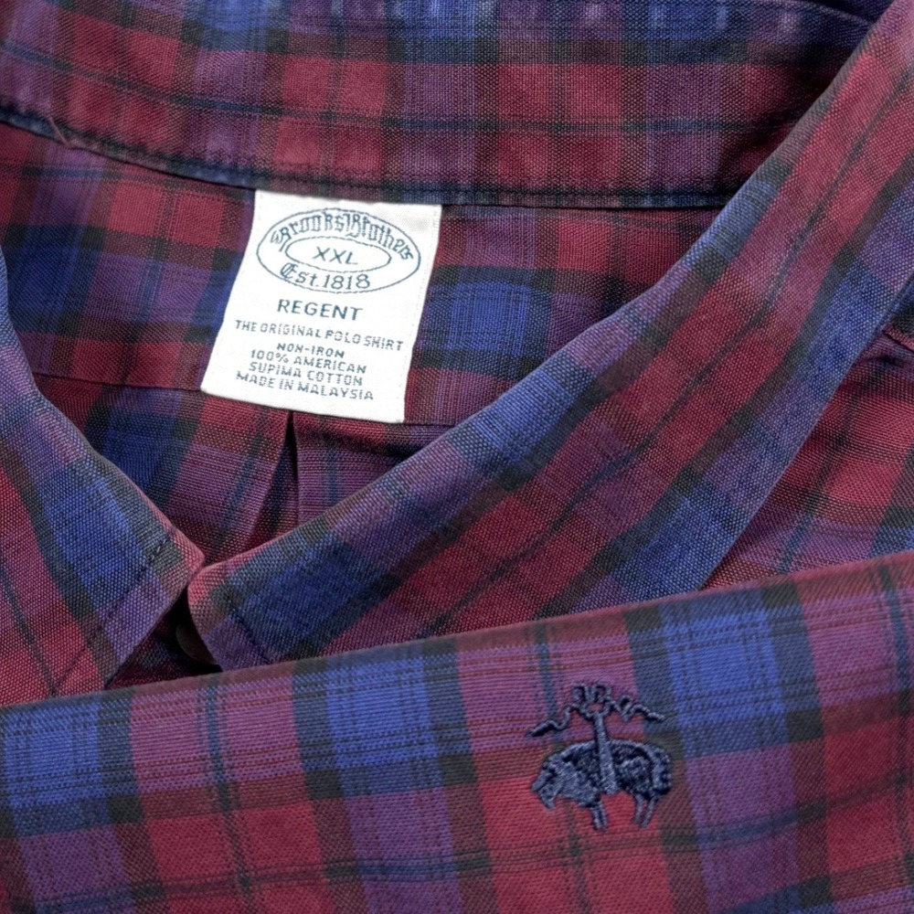 Brooks Brothers Button Shirt Men XXL Burgundy Blue Check Golden Fleece Embroider